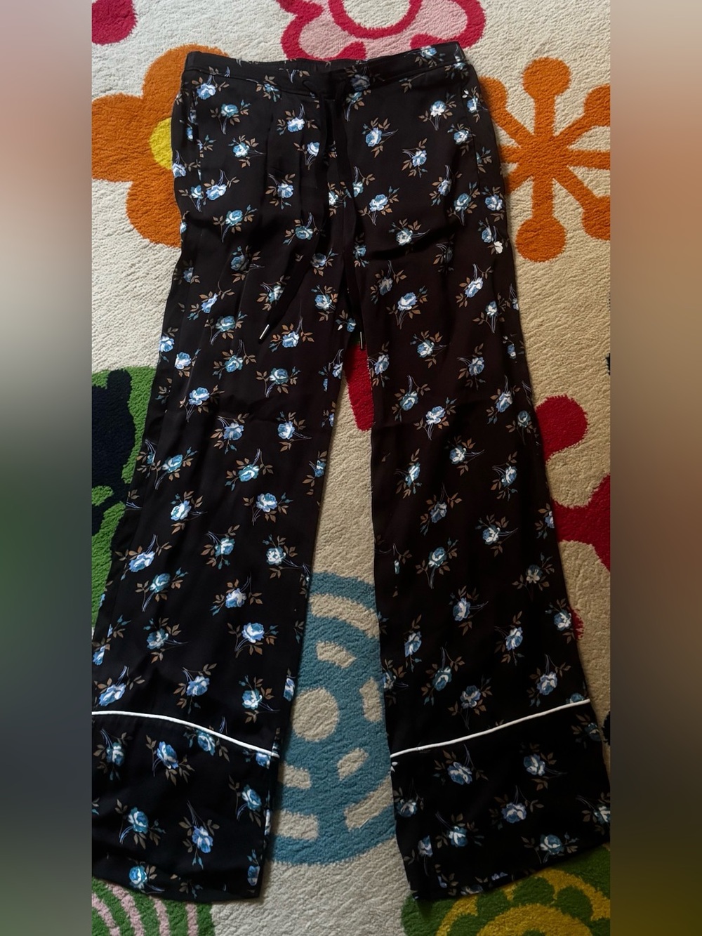 Sandro Black Wide-Leg Pants with Blue Floral Print